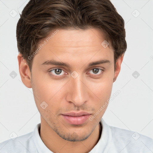 Neutral white young-adult male with short  brown hair and brown eyes