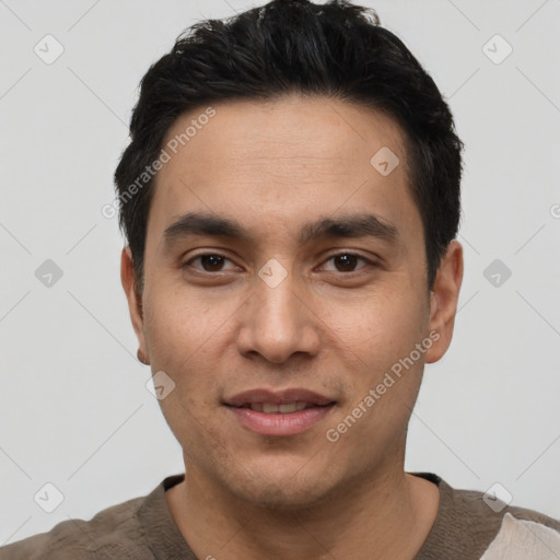 Joyful white young-adult male with short  black hair and brown eyes