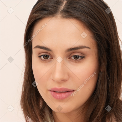 Neutral white young-adult female with long  brown hair and brown eyes