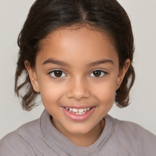 Joyful white child female with medium  brown hair and brown eyes