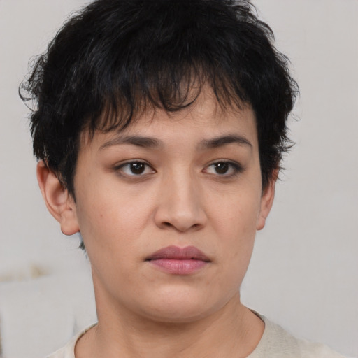 Neutral asian young-adult female with short  brown hair and brown eyes