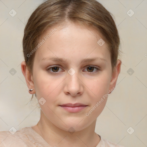 Joyful white child female with medium  brown hair and brown eyes