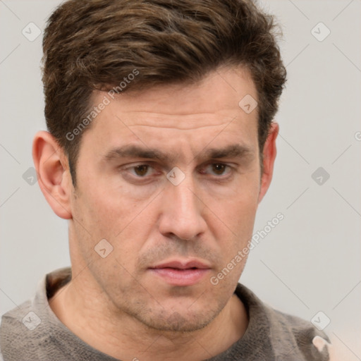 Neutral white adult male with short  brown hair and brown eyes