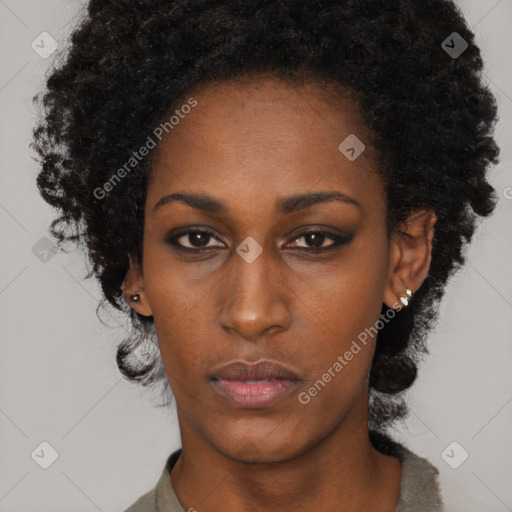 Neutral black young-adult female with short  black hair and brown eyes