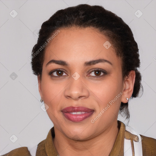 Joyful latino young-adult female with short  brown hair and brown eyes