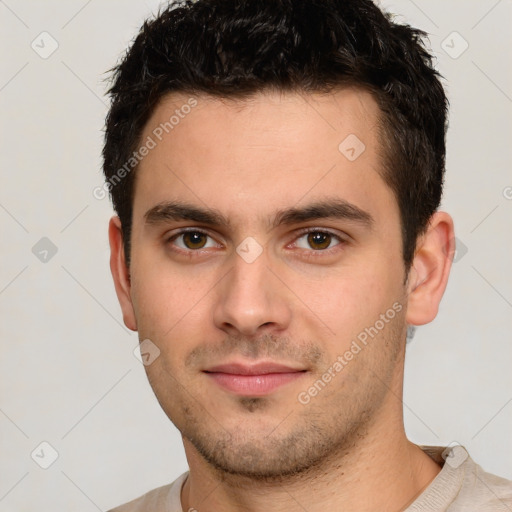 Neutral white young-adult male with short  brown hair and brown eyes