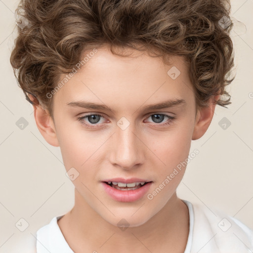 Joyful white child male with short  brown hair and brown eyes