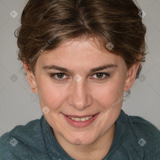 Joyful white young-adult female with medium  brown hair and blue eyes