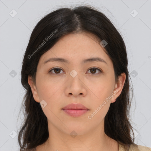 Neutral asian young-adult female with medium  brown hair and brown eyes