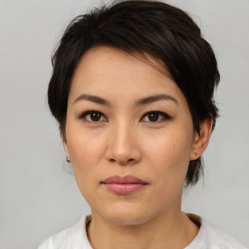 Neutral asian young-adult female with medium  brown hair and brown eyes