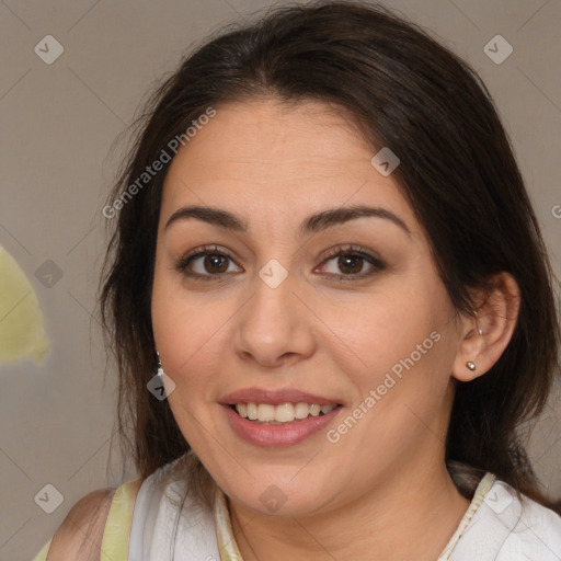 Joyful white young-adult female with medium  brown hair and brown eyes