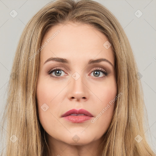 Neutral white young-adult female with long  brown hair and brown eyes