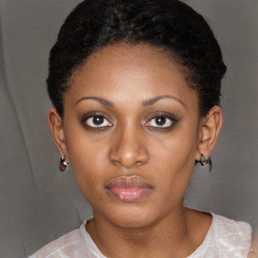 Neutral black young-adult female with short  black hair and brown eyes