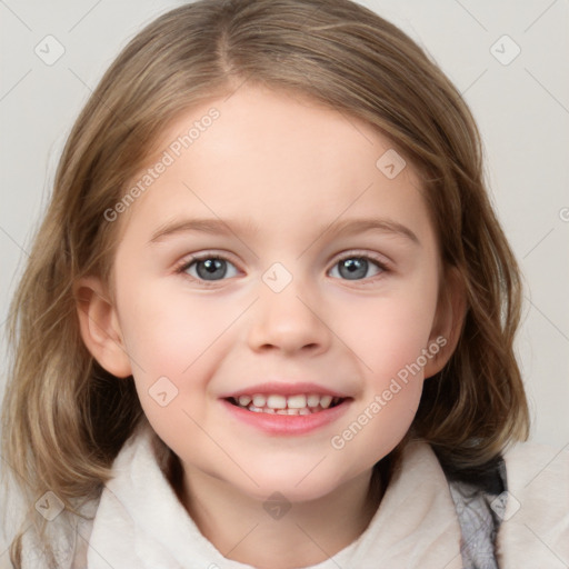 Joyful white child female with medium  brown hair and blue eyes