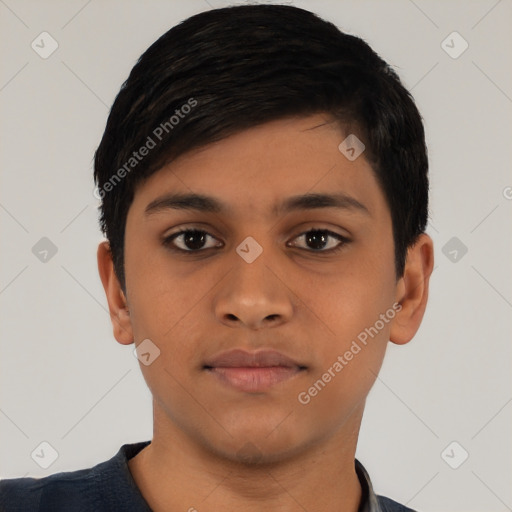 Neutral latino young-adult male with short  black hair and brown eyes