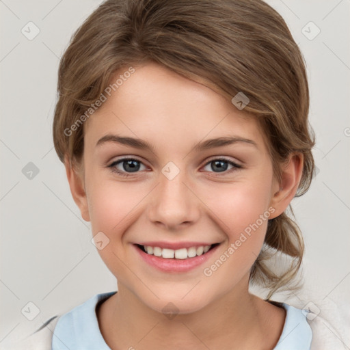 Joyful white child female with medium  brown hair and grey eyes