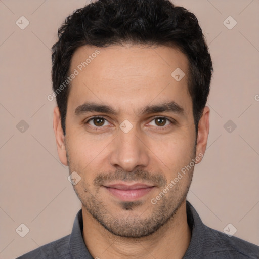 Joyful white young-adult male with short  black hair and brown eyes