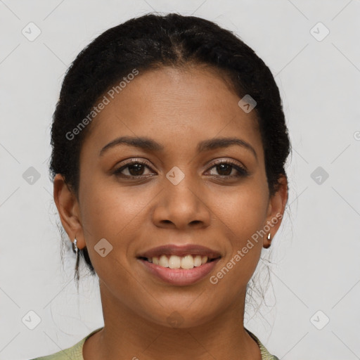 Joyful latino young-adult female with short  brown hair and brown eyes