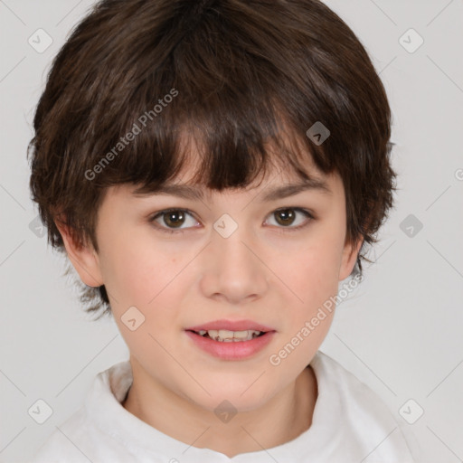 Joyful white child female with medium  brown hair and brown eyes