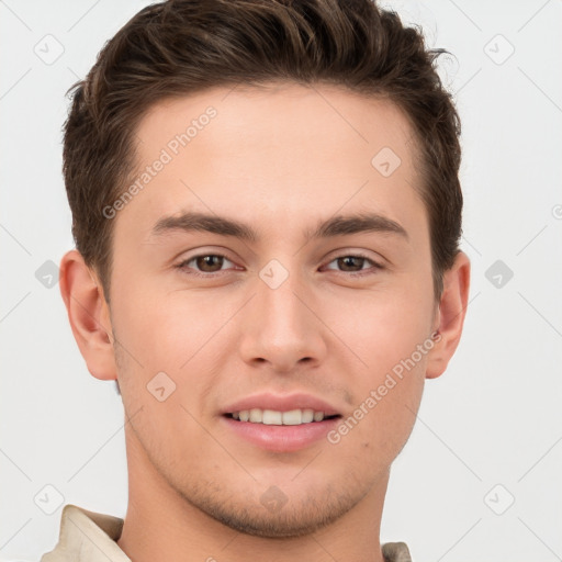 Joyful white young-adult male with short  brown hair and brown eyes