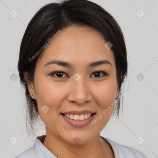 Joyful white young-adult female with medium  brown hair and brown eyes