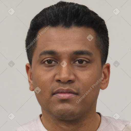 Neutral latino young-adult male with short  black hair and brown eyes
