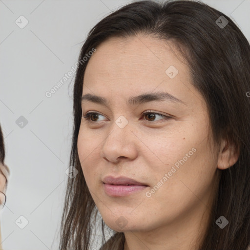 Neutral white young-adult female with medium  brown hair and brown eyes