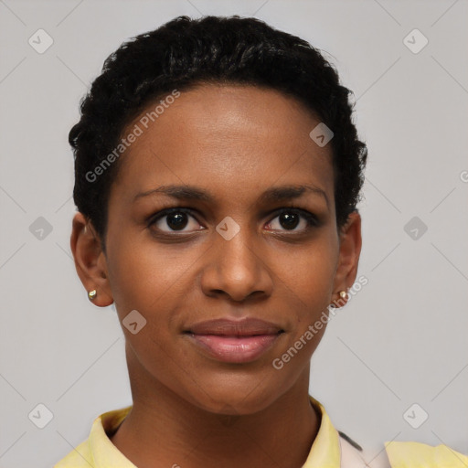 Joyful black young-adult female with short  black hair and brown eyes