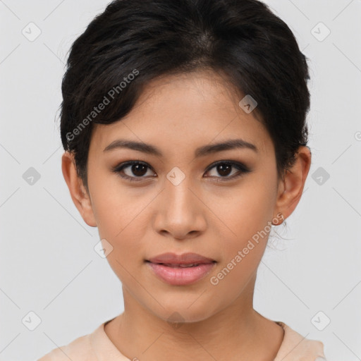 Joyful asian young-adult female with short  brown hair and brown eyes