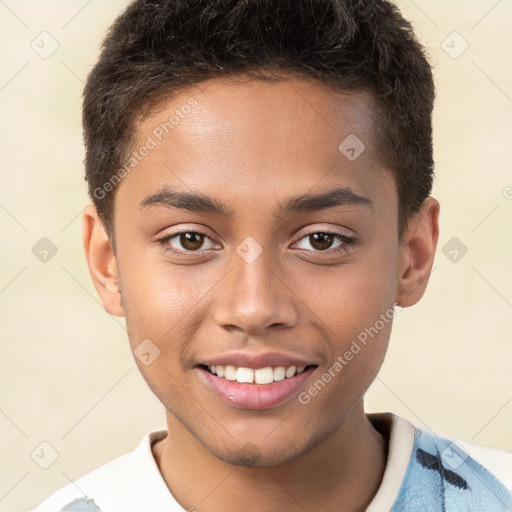 Joyful white child male with short  brown hair and brown eyes