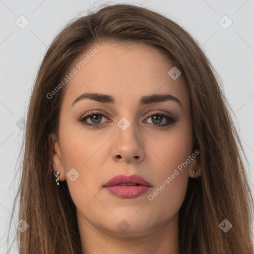 Neutral white young-adult female with long  brown hair and brown eyes