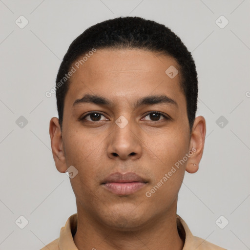 Neutral latino young-adult male with short  black hair and brown eyes