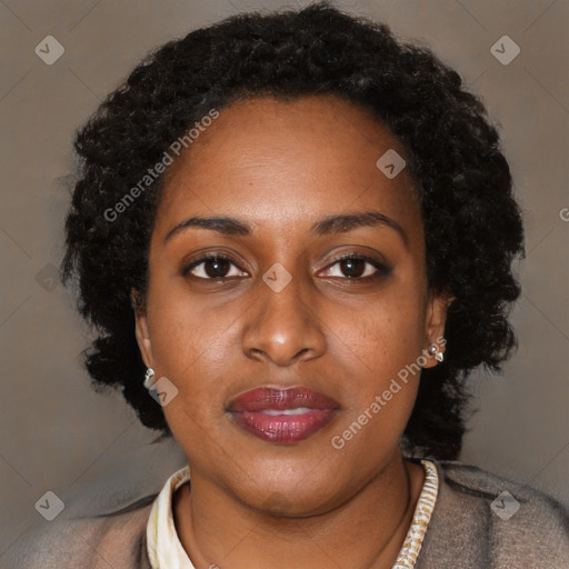 Joyful black young-adult female with medium  black hair and brown eyes