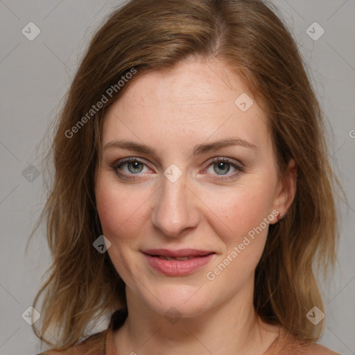 Joyful white young-adult female with medium  brown hair and blue eyes