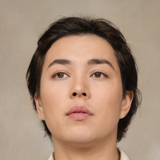 Neutral asian young-adult female with medium  brown hair and brown eyes