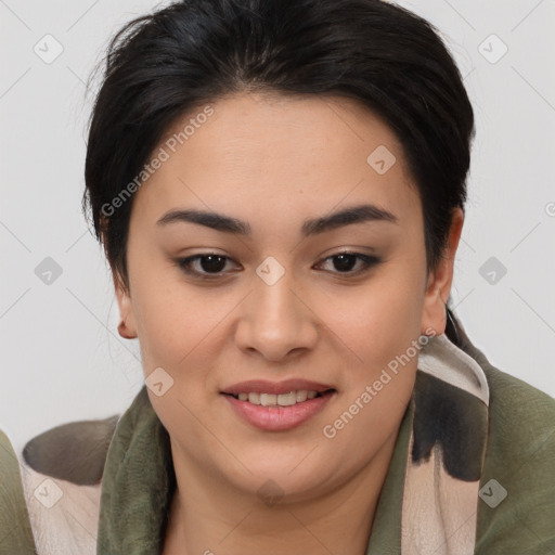 Joyful asian young-adult female with medium  brown hair and brown eyes