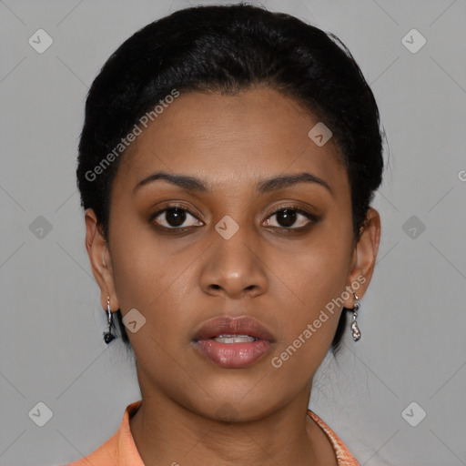 Neutral black young-adult female with short  black hair and brown eyes