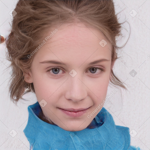 Joyful white child female with medium  brown hair and blue eyes