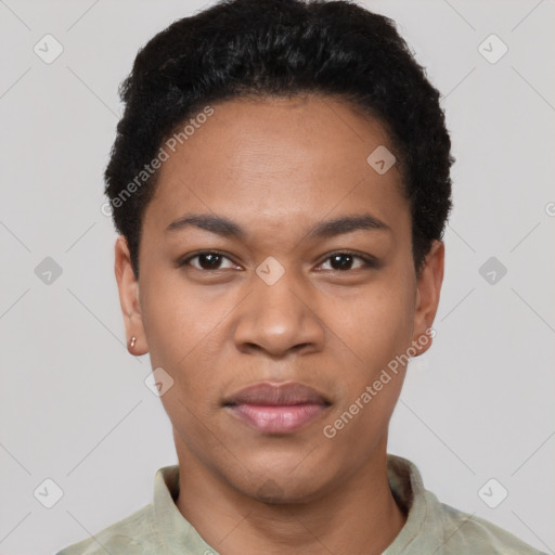 Joyful latino young-adult female with short  black hair and brown eyes
