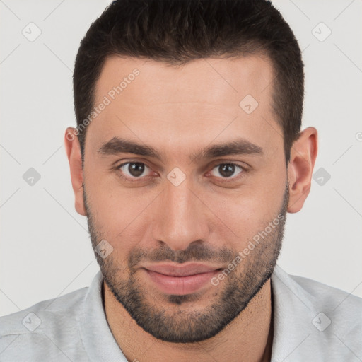 Joyful white young-adult male with short  brown hair and brown eyes