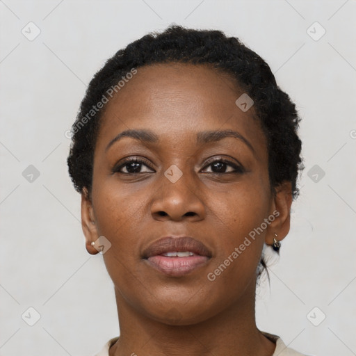 Neutral black young-adult female with short  black hair and brown eyes