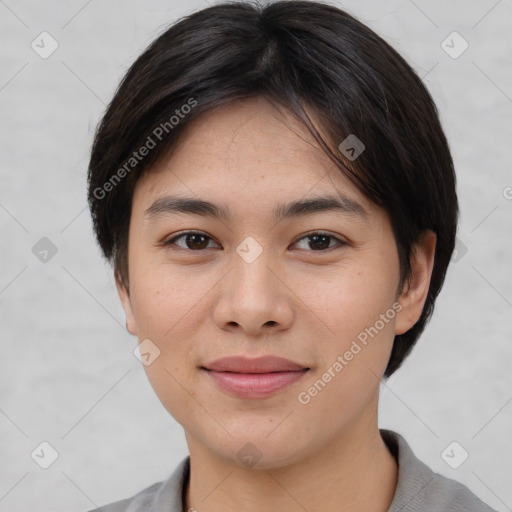 Joyful white young-adult female with medium  brown hair and brown eyes