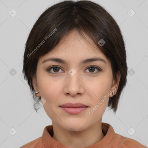 Joyful white young-adult female with medium  brown hair and brown eyes