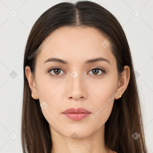 Neutral white young-adult female with long  brown hair and brown eyes