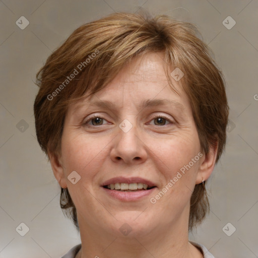 Joyful white adult female with medium  brown hair and brown eyes