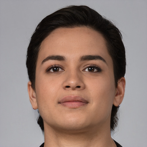 Neutral white young-adult female with medium  brown hair and brown eyes