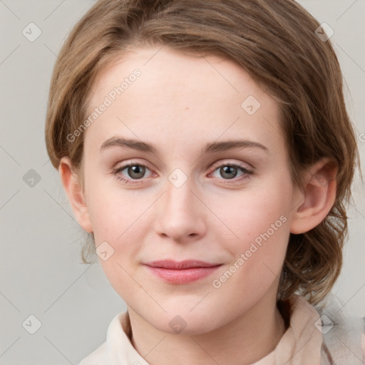 Joyful white young-adult female with medium  brown hair and green eyes