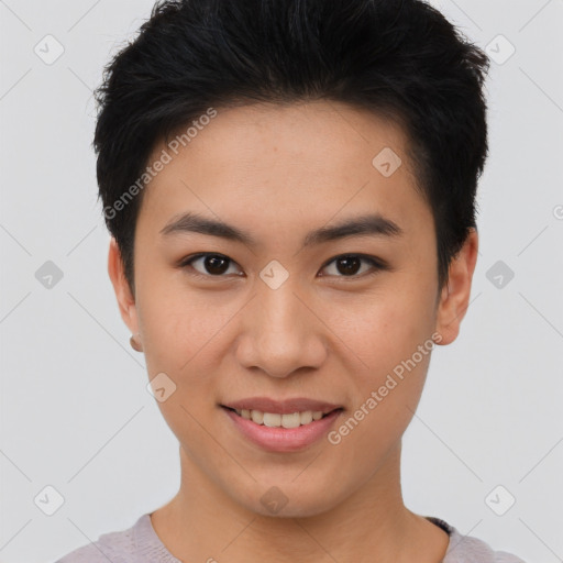 Joyful asian young-adult female with short  brown hair and brown eyes