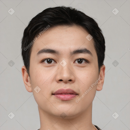 Neutral asian young-adult male with short  black hair and brown eyes