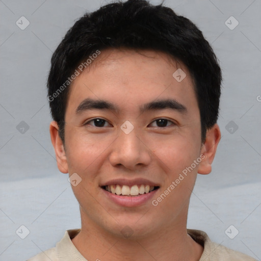 Joyful white young-adult male with short  black hair and brown eyes